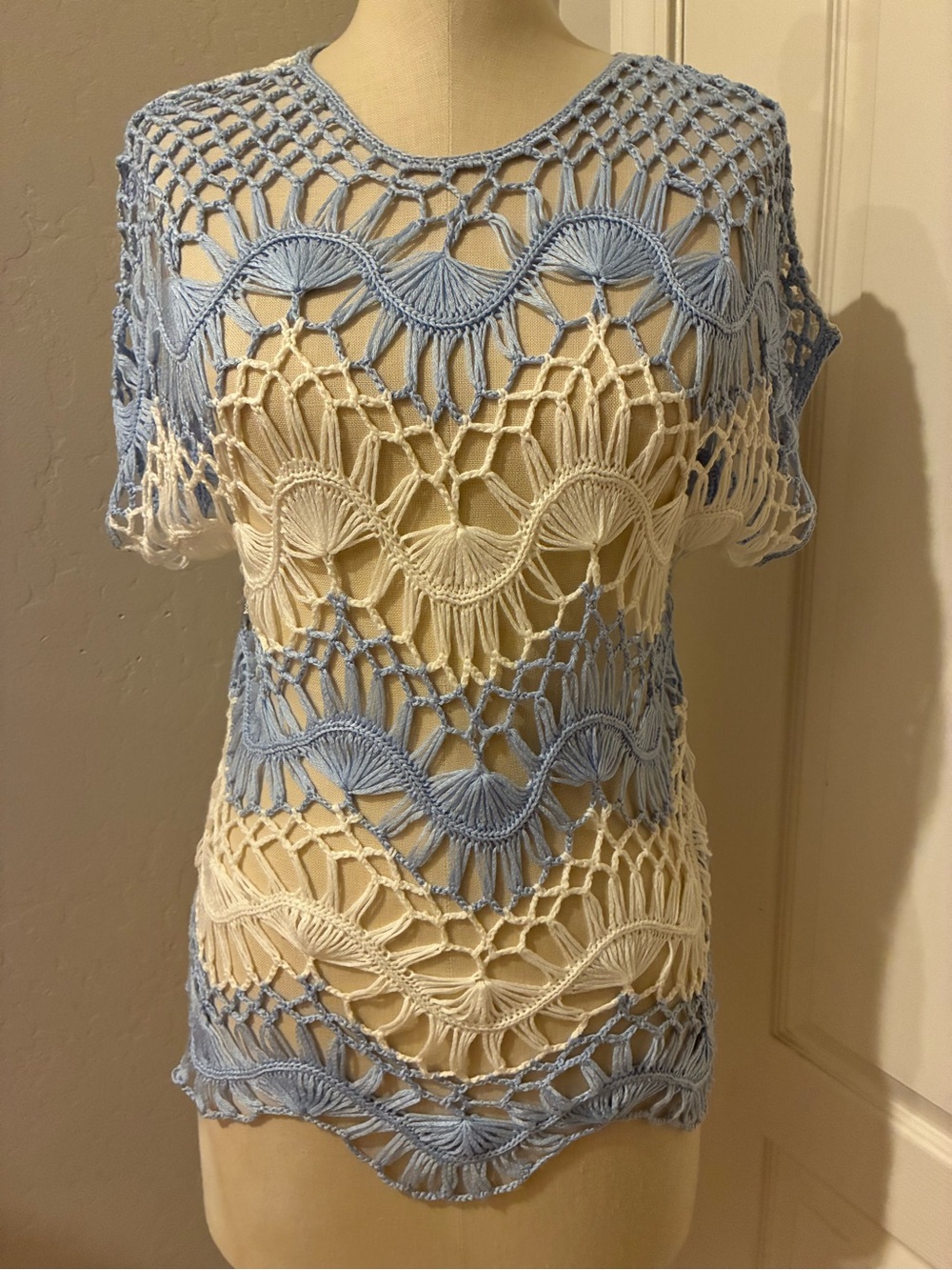 New York & Company Blue and white Crochet Swim Coverup